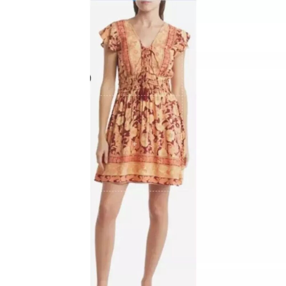 NOSTALGIA Mixed Floral Boho Dress S Printed Orange Tassels Flutter Sleeve NWT B5